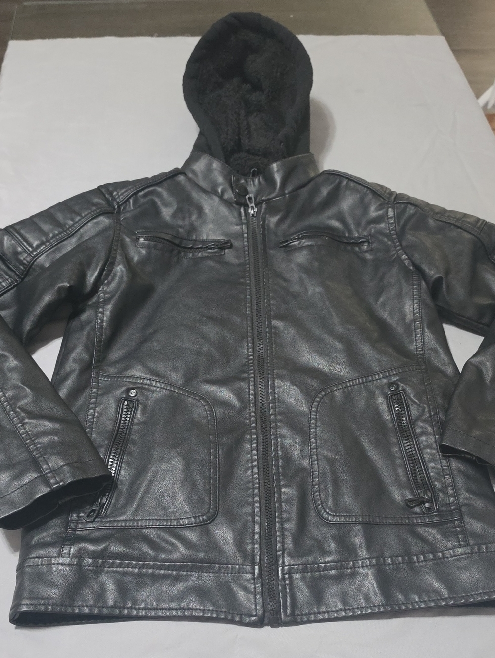 Kids Black Hooded Faux Leather Puffer Jacket